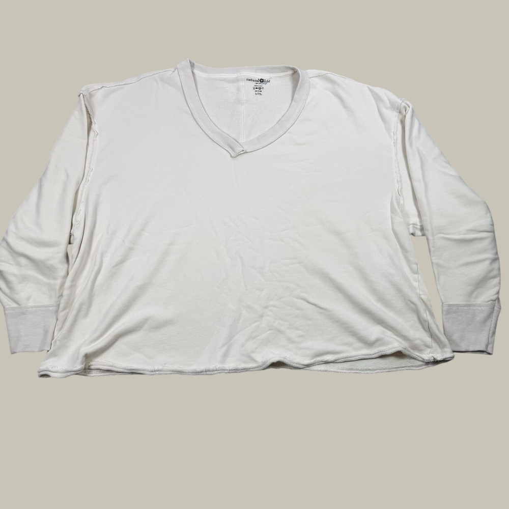 Natural Life Womens Cream White Cotton V-Neck Raw Hem Cropped Sweatshirt L/XL